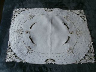 Vintage Off White Linen Table Mat/runner With Hand Worked Madeira Embroidery