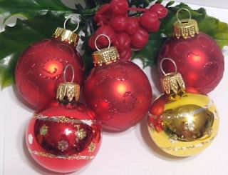 Vintage Christmas Ornament 5 Mercury Glass Mini Balls Red Gold