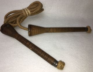 Vintage Antique Jump Rope Primitive Wooden Handles Metal Trim Old Decor Use