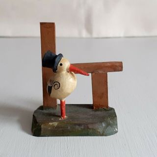 Rare Old Vintage Antique Miniature Painted Wooden Anri Toy Stork Bird Folk Art