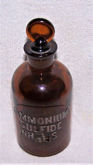 Vintage Wheaton Apothecary Amber Glass Acid Bottle - Ammonium Sulfide W/ Stopper