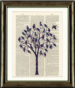 Old Antique Book Page Art Print - Blue Bird Tree Upcycled Dictionary Page Print