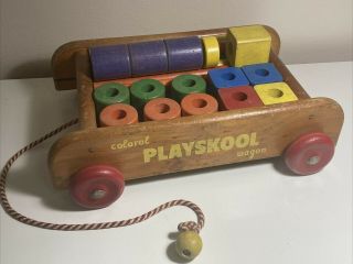 1960s Vintage Playskool Pull Toy Wooden Wagon With Colorful Blocks/wooden Rods