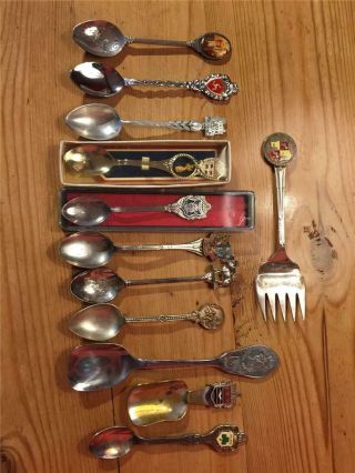 11 X Vintage Silver Plate Souvenir Teaspoons 1 X Fork