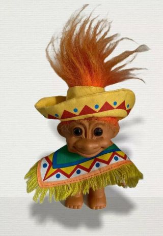 Troll Doll Vintage Russ Berrie 90’s Mexican Mariachi Hat Orange Hair Cape 4.  5”