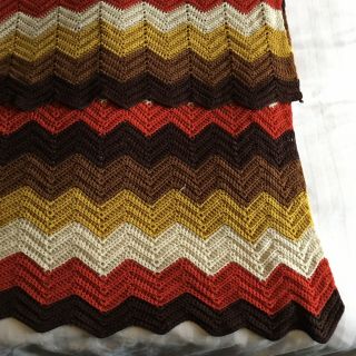 Vintage Afghan Crocheted Blanket Throw Zig Zag Brown Gold Red White 36 " X78 "