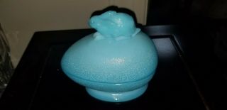Antique Rare Portieux Vallerysthal Blue Milk Glass Rabbit On Egg Covered Dish