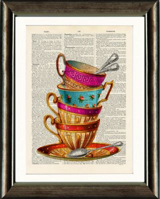 Antique Dictionary Book Page Vintage Art Print - Stack Of 4 Teacups Wall Art