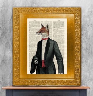 Old Antique Book Page Art Print - Tuxedo Fox Steampunk Wall Art Dictionary Page