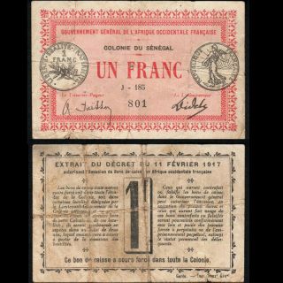 Senegal 1917 1 Franc P2c Pick 2c Vf Banknote Rare Signature