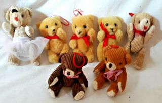 Set Of 7 Vintage Small Jointed Teddy Bears (3 Tan Wool & 4 Corduroy Snap - On)
