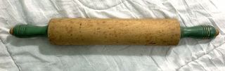 Vintage - Antique 17” Maple Wood Munising Rolling Pin W/ Green Painted Handles