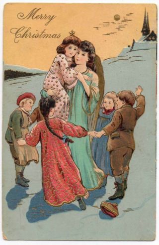 120820 Antique Christmas Postcard Children Dance Around Angel Holding Child 1906