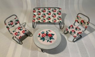 Vtg Toy Tin Litho Roses Dollhouse Miniature Table & 2 Chairs,  Bench Metal Japan