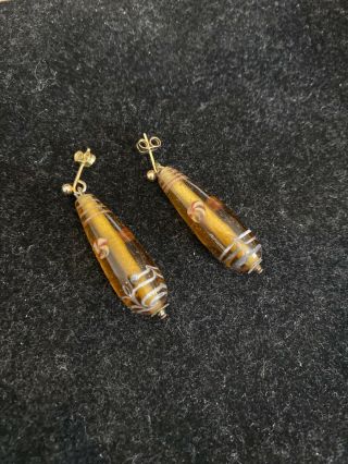 Vintage Antique Yellow Metal & Amber - Glass Drop Earrings Hand Painted Finish
