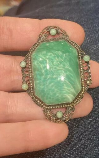 Antique Vintage Large Art Deco Ornate Green Peking Glass Brooch Pin As - Is