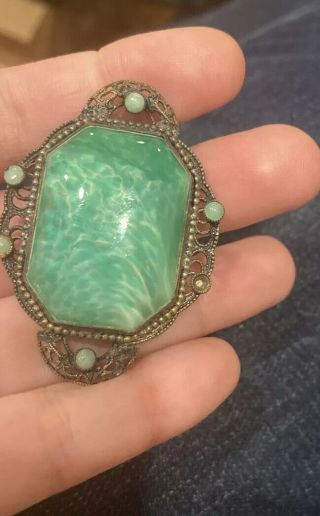 Antique Vintage Large Art Deco Ornate Green Peking Glass Brooch Pin As - is 3