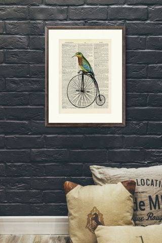 Old Antique Book page Art Print - Bird on a Penny Farthing Dictionary Wall Art 2