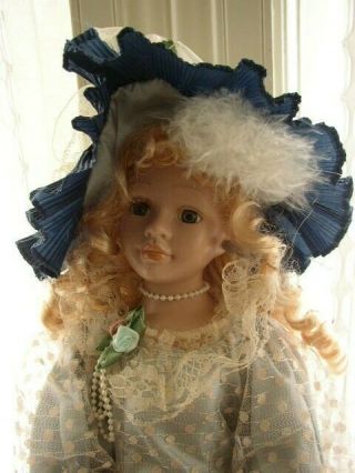 Vintage,  20in Victorian Blond Doll In Blue Dress