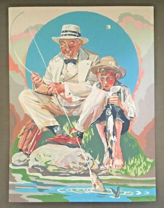 Norman Rockwell Completed Paint By Number Pbn Painting - Grandpa Catches One