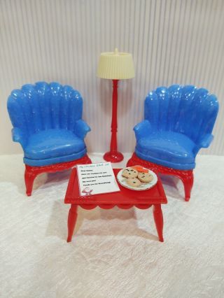 Two Blue Renwal Chairs W/red Coffee Table Vintage Miniature Dollhouse Furniture