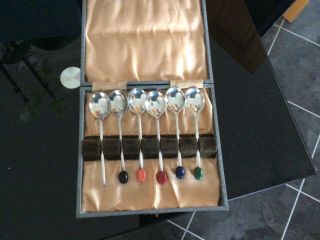 Set Of 6 Boxed Vintage Silver Plated Epns Coffee Bean Spoons Coloured Beans
