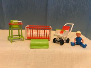 Vintage Bruder Germany Plastic Miniature Dollhouse Nursery Furniture W Baby 2