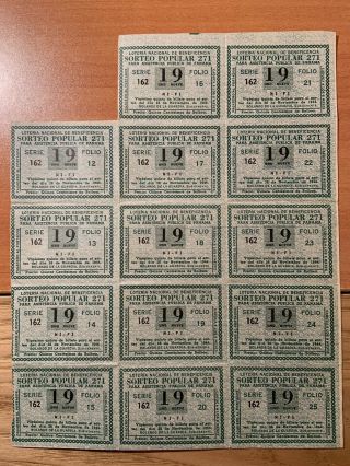 Rare,  Uncut Sheet Of 14 Panama Lottery Tickets From 1944