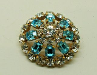 Vintage Large Brooch / Pin Blue & Clear Glass Rhinestones 1950s
