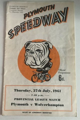 Rare Speedway Programme Plymouth V Wolverhampton 27th July 1961