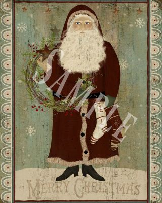 Primitive Christmas Belsnickle Santa Folk Art Wreath Stocking Print 8x10