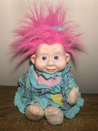 Vintage Applause Magic Trolls Pink Hair Stars Vinyl Plush Doll Bow Outfit