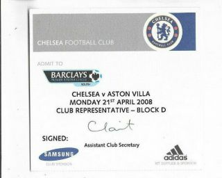 Rare Ticket 2007/08 Premier Reserve League - Chelsea V.  Aston Villa