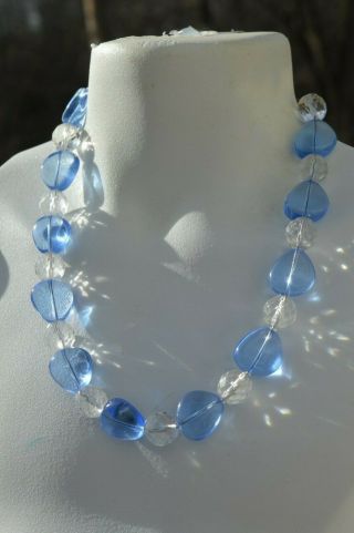 Vintage Blue & Clear Glass Multi Faceted Cut Bead Necklace   17.  5  Long