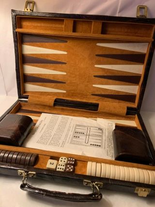 Vtg Deluxe Cardinal Backgammon Set Rare Faux Alligator Leather Case Bakelite