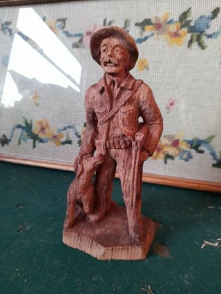 Vintage Old Wooden Carved Man With Shotgun And Dog Sic Made In France