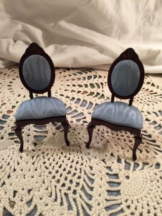 Vintage Miniature Dollhouse 1:12 Blue Upholstered Chairs Set Of 2