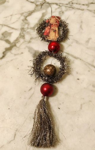 Antique Victorian Christmas Ornament With Red Glass Beads And Wire Tinsel Santa