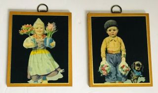 2 Antique Dutch Boy & Girl Small Wooden Plaque With Lacquer Finish 40s 50s Vtg