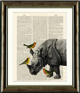 Old Antique Book Page Art Print - Rhino And Birds Dictionary Page Wall Art