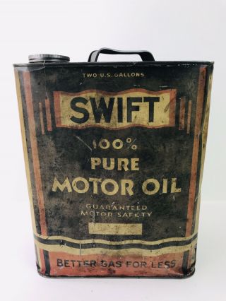 Very Rare Vintage Swift 100 Pure Motor Oil 2 Gallon Motor Oil Can Metal 84