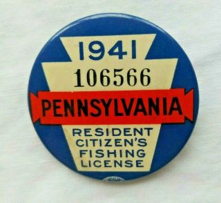Vintage Year 1941 Pennsylvania Resident Fishing License Button Pin With Paper
