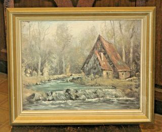 Vintage A Frame Cottage By The Stream Lithograph Print Wood Frame 14 " By 16.  75 "