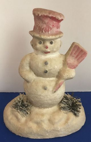 Rare Antique Snowman Paper Mache & Wax Candy Container About 8 1/2” T & 6 1/2” W