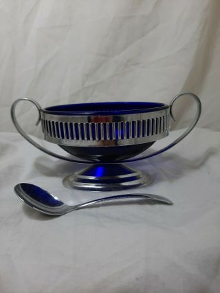 Vintage Blue Glass Sugar Bowl With Spoon