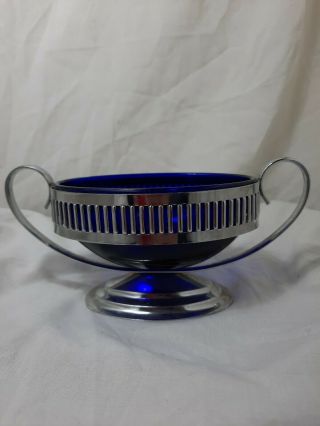 Vintage Blue Glass Sugar Bowl With Spoon 3