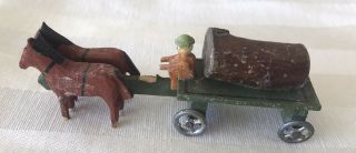 Antique German Erzgebirge Putz Horse Drawn Log Wagon Wooden Penny Toy