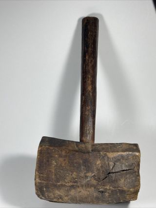 Antique Vintage Primitive Wood Mallet Hammer Decor Hand Made Heavy 2 10 Oz Oak?