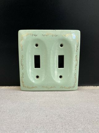 Vintage Porcelain Light Switch Wall Plate Green / Gold Concave Double 1970s