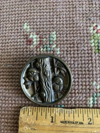 Antique Vintage Victorian Brass Metal Picture Button Birds Tree Limb / Leaves